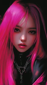 Pink-haired digital portrait of woman in black outfit.