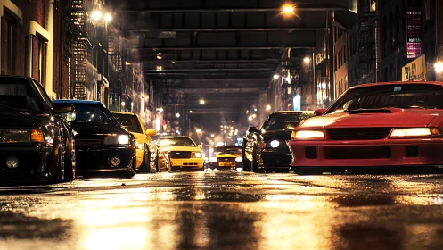 Modified sports cars line wet city street at night.