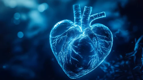 Glowing Anatomical Heart in Futuristic Digital Blue Illustration.