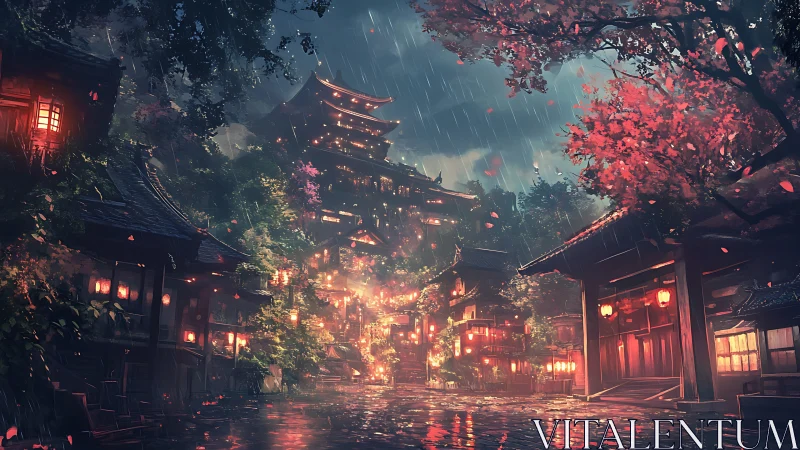 Lantern-soaked hillside town glows softly through silver rain