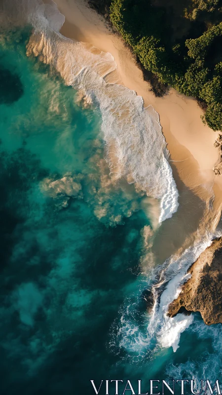 Aerial view captures turquoise surf washing over golden cove