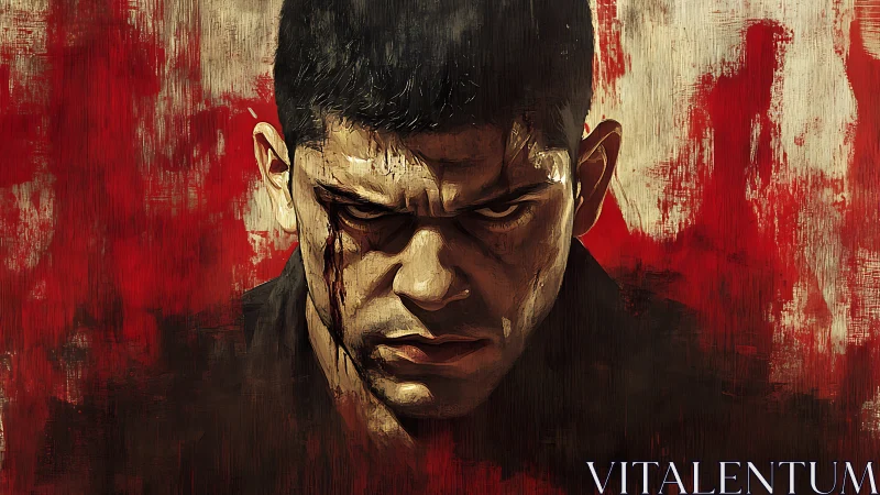 Intense male portrait with bloodstained textured red backdrop