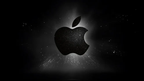 Apple-style black logo with starry particles on dark burst