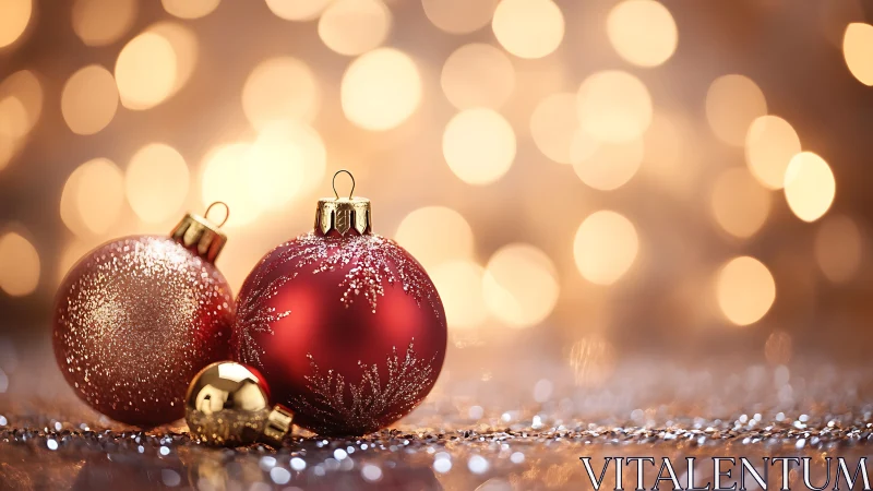 Red glass Christmas baubles with glitter and golden bokeh
