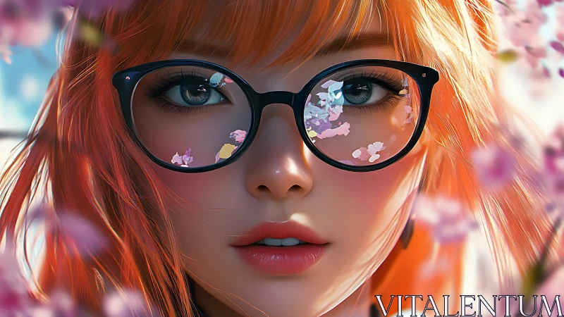 Red-haired girl in glasses gazes through drifting cherry petals