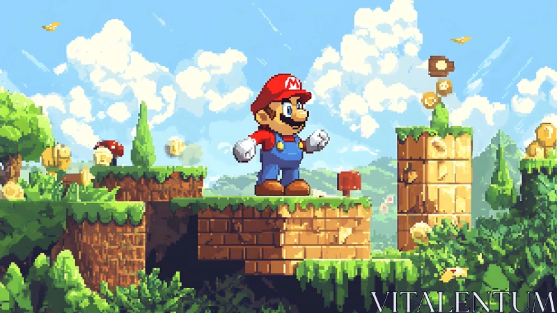 Bright pixel hero strides through lush coin filled landscape