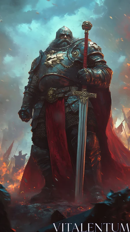 Armored warrior stands with sword amid smoke and embers