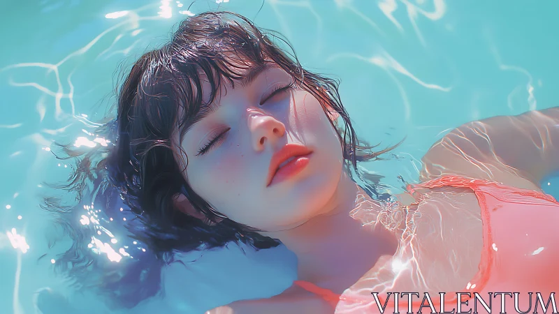 Dreamlike pool portrait of serene girl in soft light.