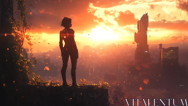 Cyborg silhouette overlooks blazing cyberpunk megacity at dusk