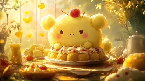 Golden Character Surrounded by Autumn Fruits and Warm Light