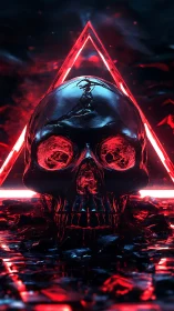 Glowing red neon triangle frames dark reflective skull.