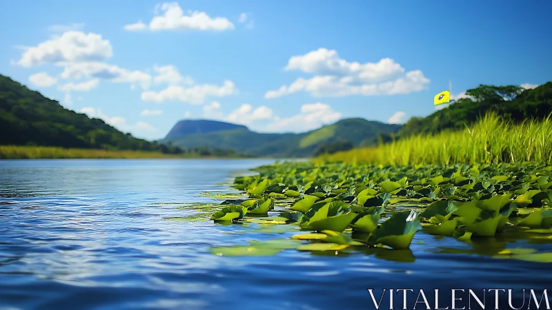 Tranquil lakeside lilies under bright blue summer skies.