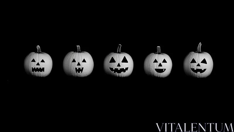 Monochrome jack-o-lantern lineup in minimal studio lighting.