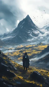 Solitary figure stands before towering snowlit mountain