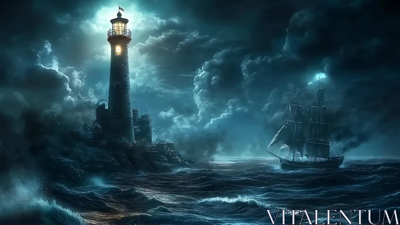 Stormy night lighthouse guiding tall ship through rough sea.