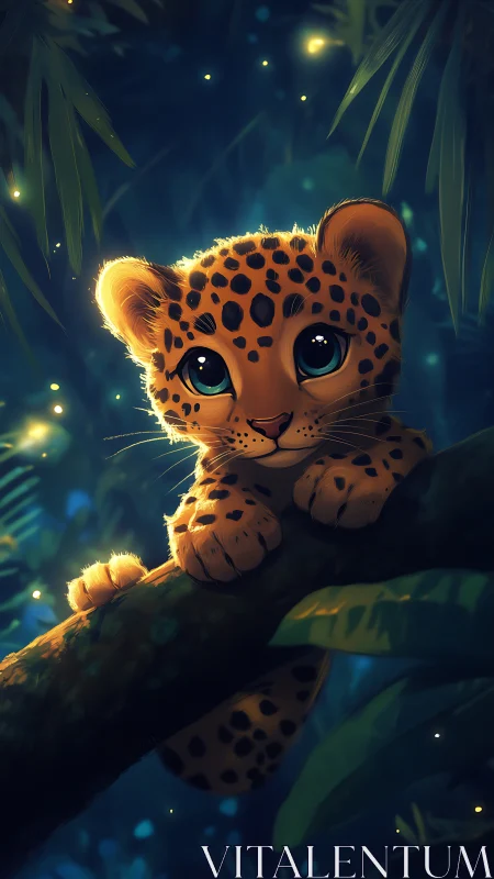 Baby leopard rests on jungle branch under glowing fireflies.