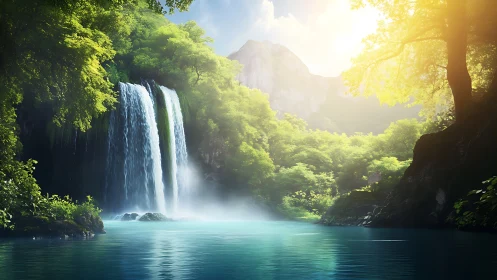 Sunlit forest waterfall inviting you into peaceful escape.