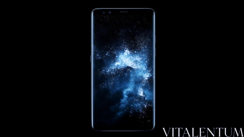 Smartphone with cosmic nebula display wallpaper.