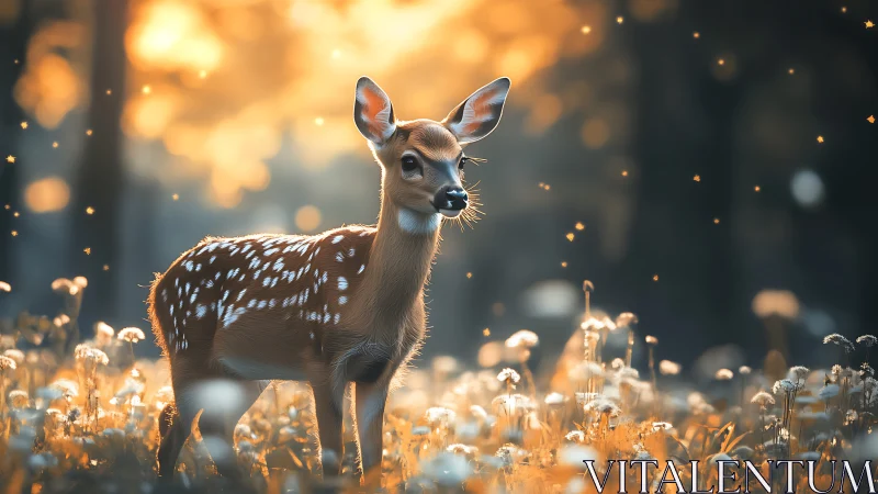 Gentle fawn glowing in golden forest evening light.