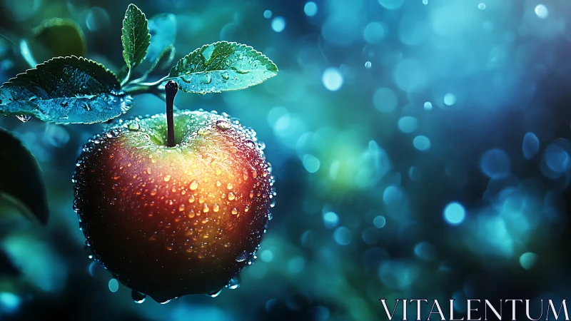 Macro-rendered dewy apple with bokeh depth and cool color contrast