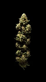 Vertical cannabis inflorescence isolated against black field.