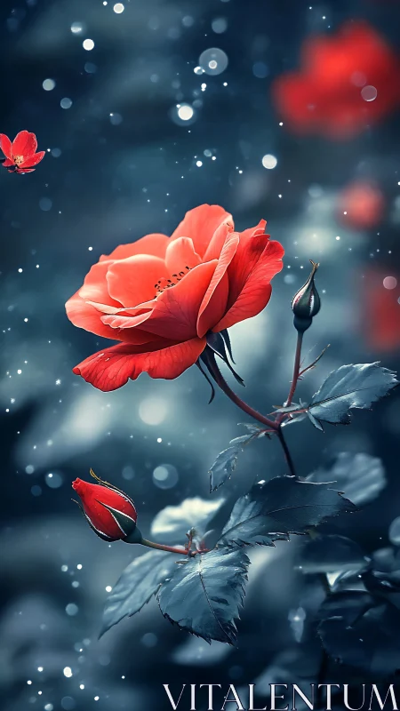 Red Rose Blooming Against Bokeh Night Sky.