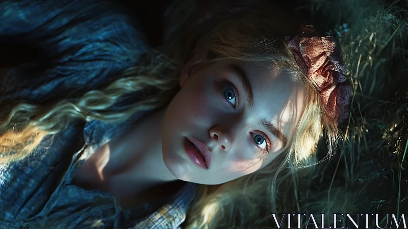 Blue-eyed girl under dappled light in wild meadow