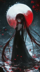 Moonlit girl in black dress stands calm beneath a crimson moon