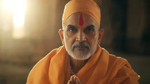 Sunlit sage in saffron robes holding calm like a quiet flame.