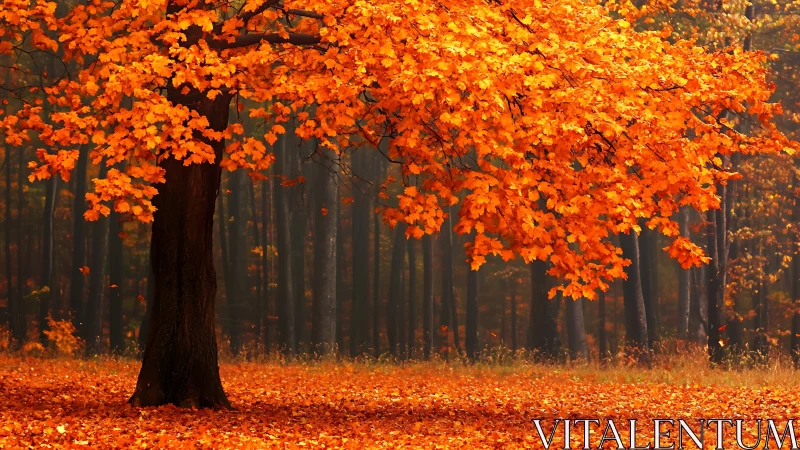 Fiery autumn maple glows against a misty forest backdrop.