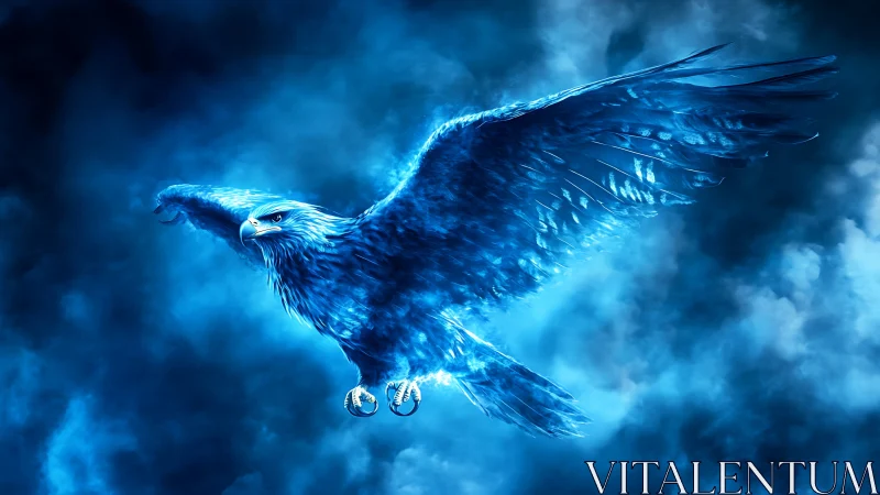 Stormlit blue eagle soaring through glowing cosmic clouds.