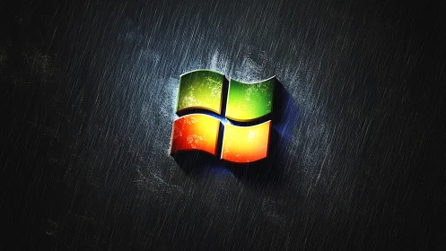 Glowing window logo shining through a rainy, dark night.