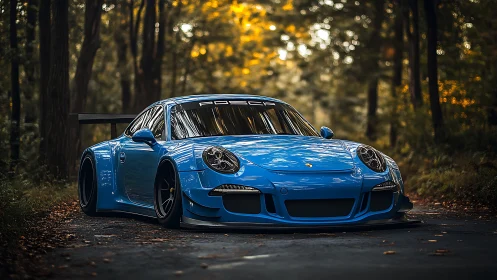 Blue track car crouches low on a forest road at dusk