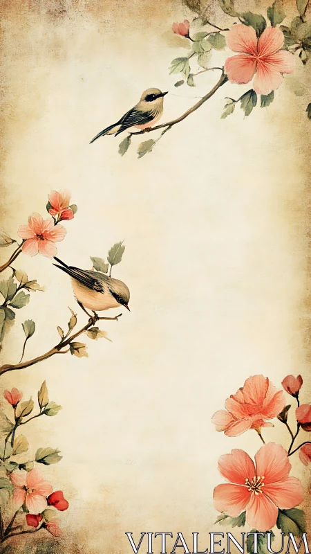 Songbirds perch among peach blossoms on vintage parchment