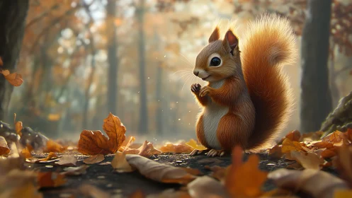 Curious red squirrel pauses in a softly glowing autumn forest