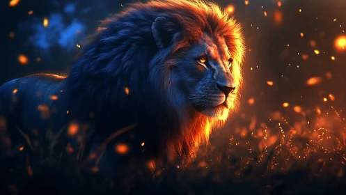Ember-eyed lion strolls through twilight sparks and silence