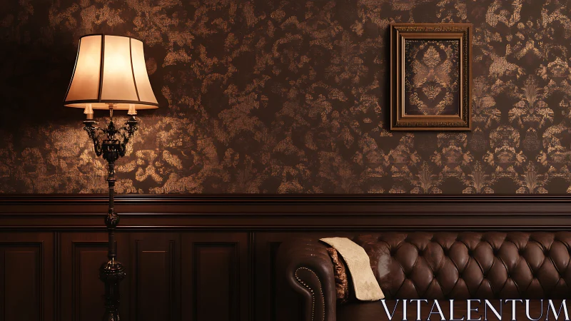 Classic brown interior with tufted leather sofa and floor lamp