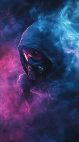 Hooded gas mask figure emerges from neon smoke clouds