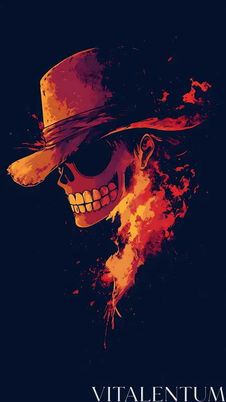 Flaming outlaw skull grinning beneath a weathered hat.