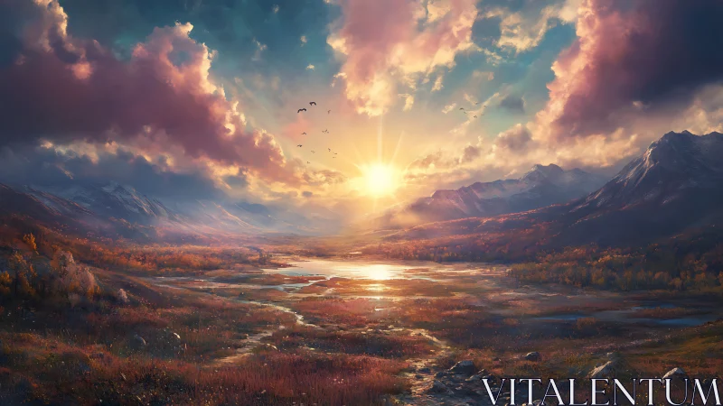 Sunrise riverlands under storybook clouds and ember peaks.