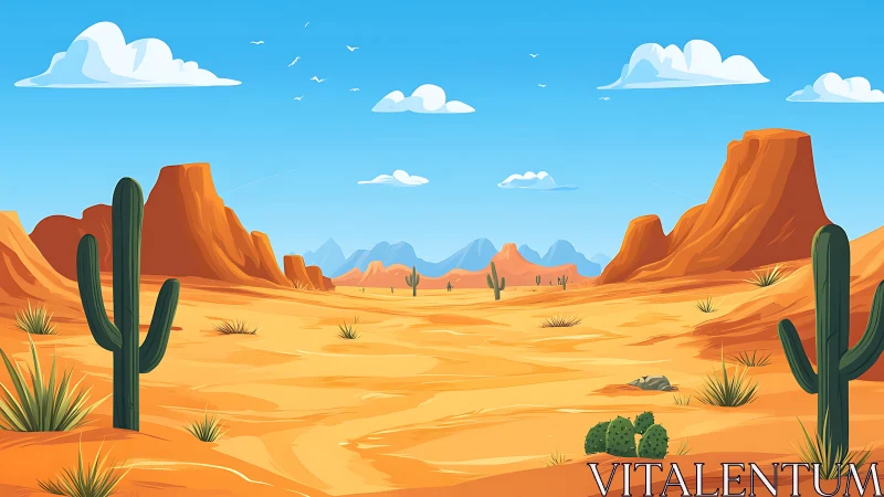 Cartoon desert landscape shows cacti, mesas and distant mountains