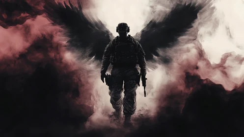 Digital painting soldier silhouette with smoke wings composition.