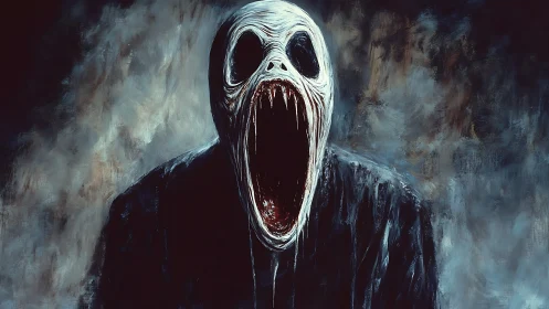 Monochrome spectral wraith with flayed skull mask and gaping maw