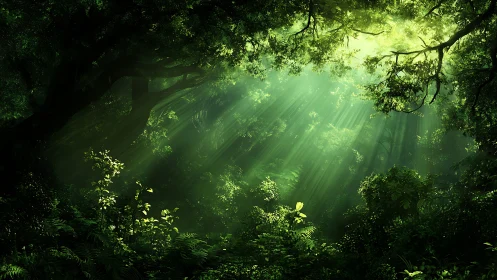 Dense Temperate Rainforest Canopy with Volumetric Crepuscular Rays