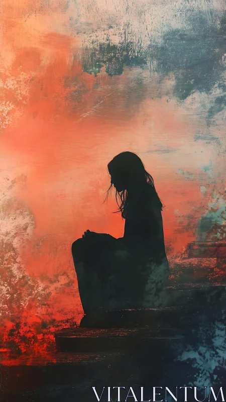 Silhouette on worn steps against abstract dusk gradient field.