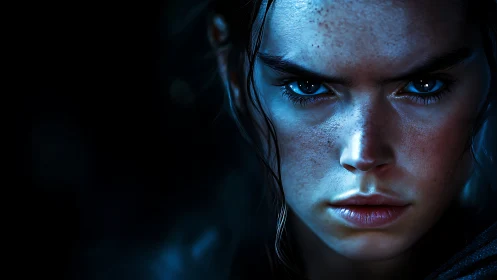 Close frontal portrait of intense blue-lit female face.