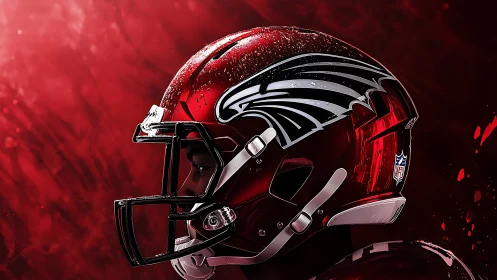 Crimson football helmet glows with bold falcon emblem.