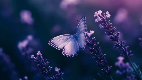 Photorealistic macro study of butterfly on lavender bloom.