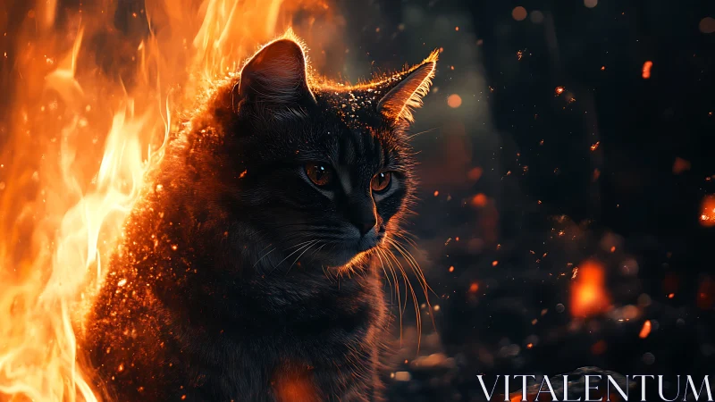 Black Cat Surrounded by Flames and Glowing Sparks.
