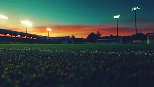 Sunset-lit soccer field under stadium lights at dusk.
